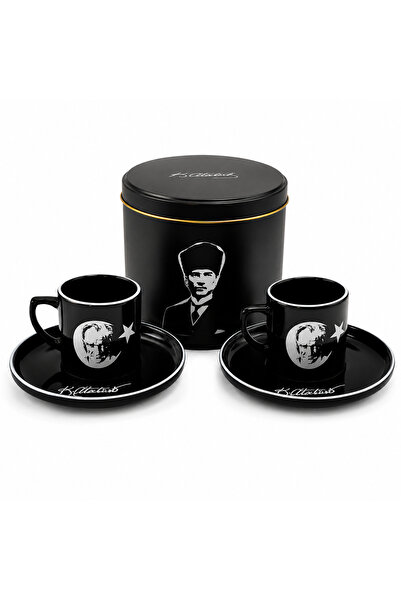 Muhtelif Atatürk İmzalı 2’li Türk Kahvesi Fincan Takımı Özel Kutulu Siyah Pre...