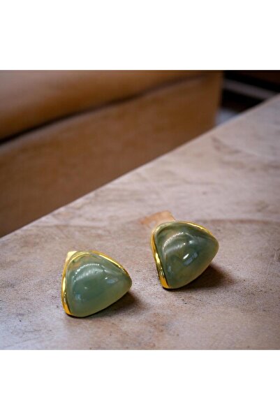 Urban Aksesuar Green Marble Stone Look Steel Earrings Gold Color Modern Design