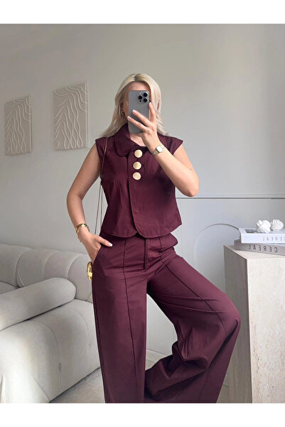 Zora Butik Gold Düğme Yelekli Pantolon Takım - BORDO