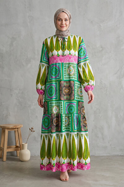 FERHEL Women's Ethnic Pattern Collared Lace-Up Dress - Green