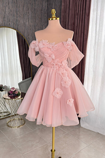 Lenta Moda Pudra Drapeli Çiçekli Karolin Etek Mini Parti Elbisesi