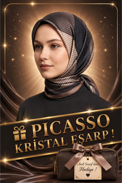 Picasso İpek Görünümlü Vizon - Siyah Kristal Eşarp – Twill Şık Tasarım 90x90