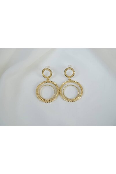 ATELİER TUĞBA Kp402 Double Ring Hanging Gold Earrings (Length 40mm)