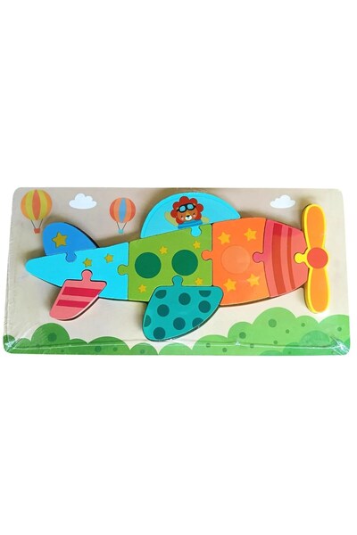 ETOY Puzzle educativ din lemn in forma de avion cu forme colorate pentru inva...