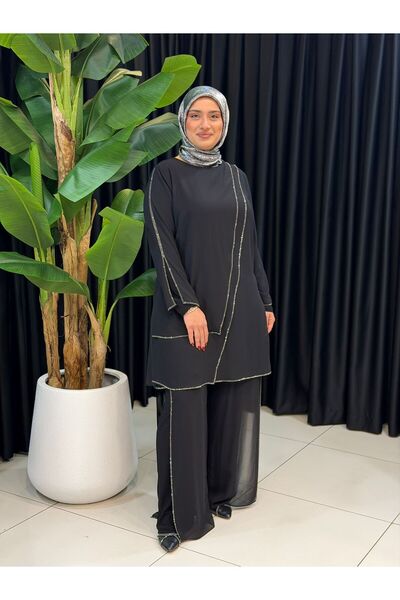 Butik büyük beden Taşlı Pantalonlu Takım