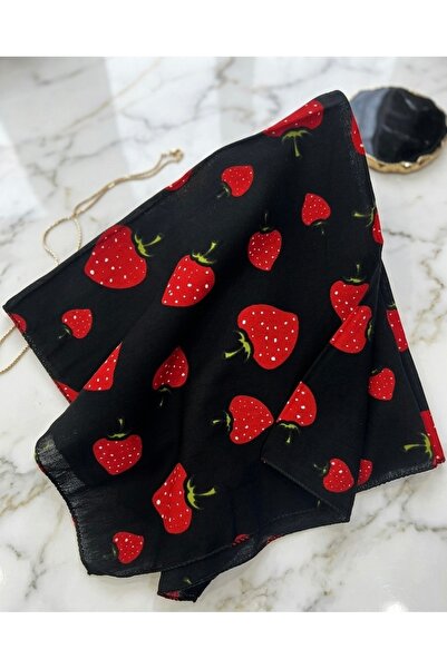 PİNPİN AKSESUAR SİYAH KIRMIZI ÇİLEK DESENLİ %100 PAMUK BANDANA 55x55cm