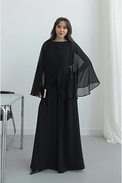 My Blog Black Chiffon Cape Blouse Pants Set - 903336