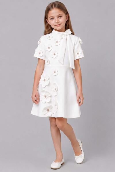 Riccotarz Girl's White Dress with Ribbon Detail at the Collar and Daisy and S...
