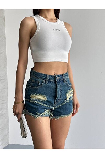DENİKK Trend Special Design Tint Washing Laser Detail Frayed Denim Jean Shorts