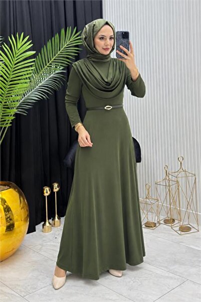Neşeli Butik Women's Khaki Sandy Fabric Dress with a Collar and Belt, Detaile...