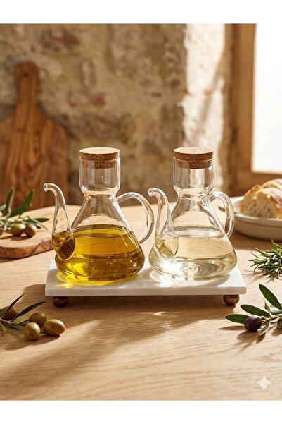 Hellomani 2-Piece Borosilicate Glass Oil Pot with Marble Stand and Cork Lid 5...