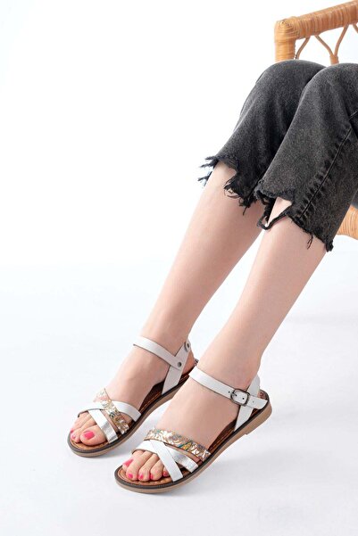 Aymood 205-015 White Garni Orthopedic Genuine Leather Women's Sandals