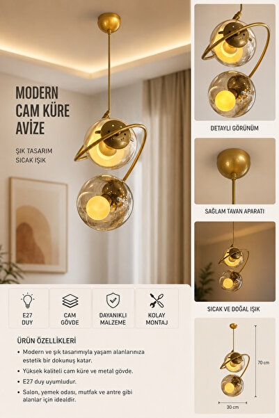 Verona Modern Gold 2’li Cam Küre Sarkıt Avize Bal Camlı E27 Duylu Ampulsüz