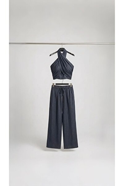 Tensel Denim Halter Yaka Bluz Takım