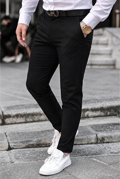 Gussi Erkek Siyah Slim Fit Esnek Likralı Keten Pantolon