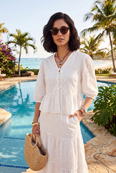 Lela Fisto Embroidered Tied Cotton Blouse Bluz 6981072