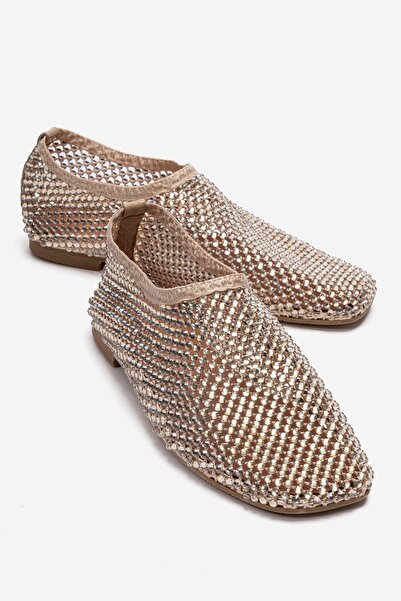 LuviShoes Urela Beige Knitted Stone Genuine Leather Women's Ballerina Shoes