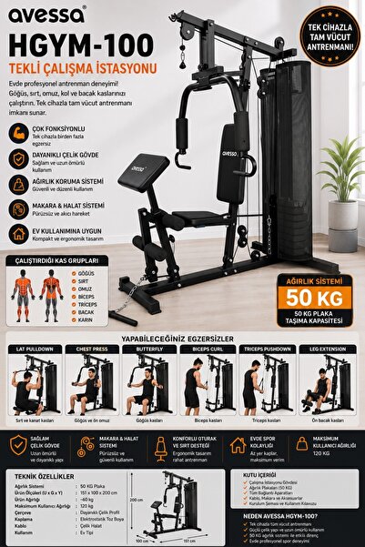 AVESSA HGYM-100 Tekli Çalışma İstasyonu - Dayanıklı Çelik Gövde - Makara & Ha...