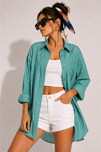 Mys Collection Turkuaz Çizgili Oversize Kadın Gömlek