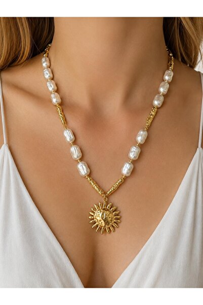 Ebravia White Pearl Stone Sun Patterned Necklace