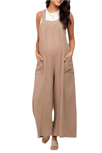 MON LOULOU Maternity Jumpsuit, Slightly Elastic, Soft and Loose, Beige