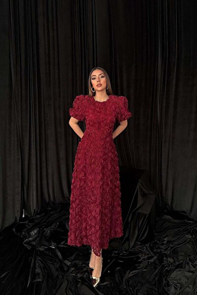 Caddebostan Moda Rose Patterned Balloon Sleeve Midi Dress Stylish Evening Dre...
