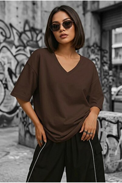 Oksit Zey Oversize V-Neck Basic Women's T-Shirt - Low Shoulder Loose Fit