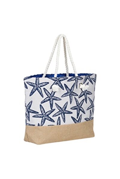 Zumzeria Beige Beach Bag with Blue Starfish 57x34x42cm