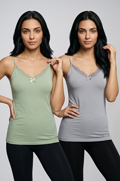 fevien 2-Pack Women's Cotton V-Neck Lace Detailed Thin Rope Strap Undershirt ...
