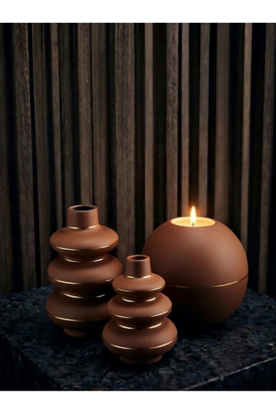 LUNİVAA HOME Dekoratif Gold + Gümüş Çizgili Vazo Mumluk Seti.Hediyelik Ev, Of...