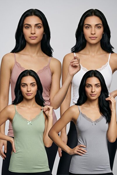 fevien 4-Pack Women's Cotton V-Neck Lace Detailed Thin String Strap Undershir...