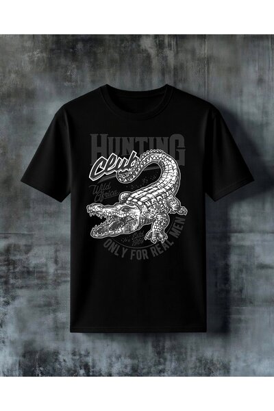 COMVİCHO hunting club timsah tasarimi Baskılı Oversize Tişört