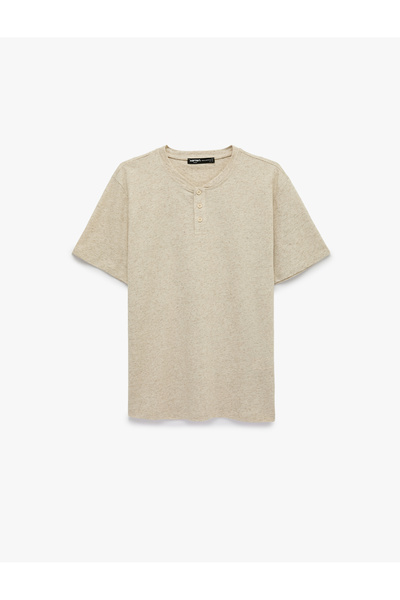 Koton Linen Blend Regular Fit Buttoned Henley Collar Short Sleeve T-Shirt