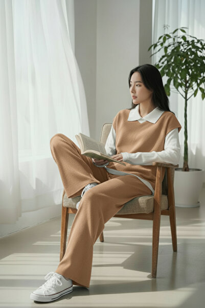 Intisimo Women's Knitwear Set, Three-Piece, Classic, Brown/White