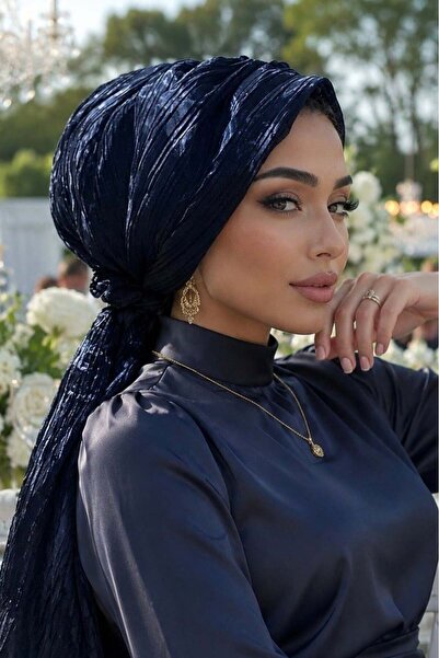 Aişe tesettür Navy Blue Shiny Tulle Evening Dress with Buckle Bonnet