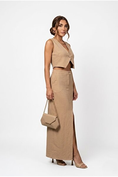 LOKADI Linen Look Crop Vest and Slit Maxi Skirt Two-Piece Set