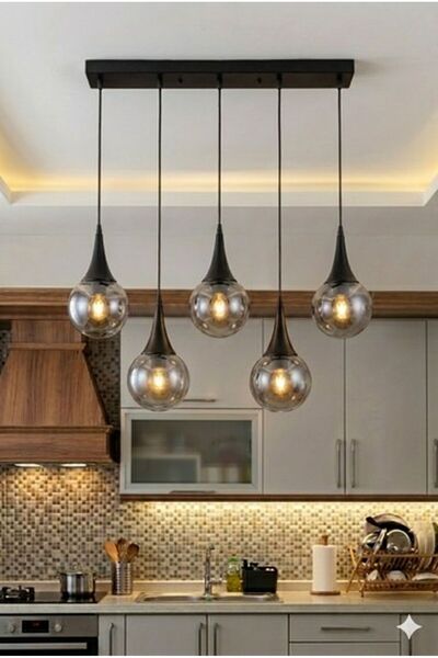 VENON Elora 5.li SIRALI ✨ SİYAH ✨ FÜME GLOP CAMLI ✨ Yemek Masası Avizesi Salo...