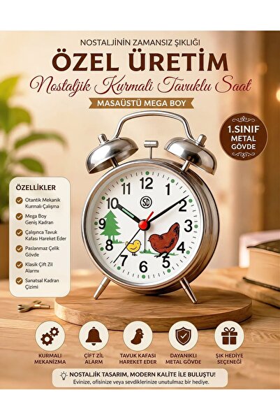Özel Üretim Nostaljik Kurmalı Saat Hareketli Tavuk Modeli~Çift Zilli Masaüstü Dekoru 1• Sınıf İşçilik Premium Gümüş Metal Gövde, Mekanik, Alarmlı Hediyelik Masa Saati