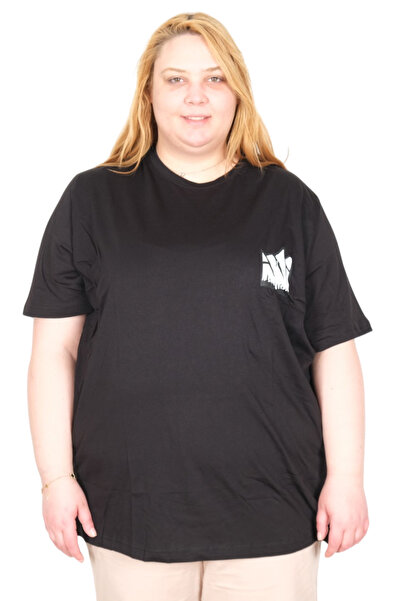 ModeXL Mode XL Real Big Size Women's T-Shirt Bıs Yaka Beyond U26115 Black