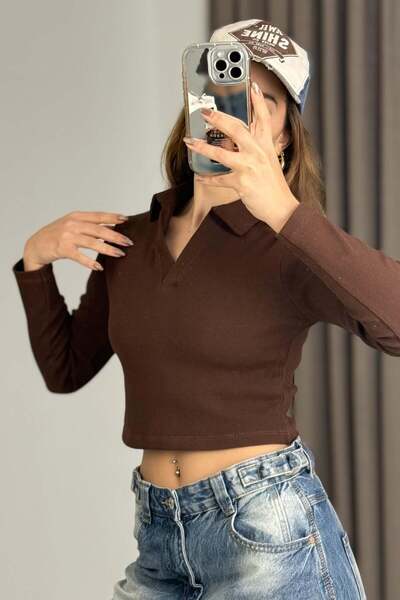 Raneel Kazançlı Alışveriş Women's polo neck ribbed crop blouse brown