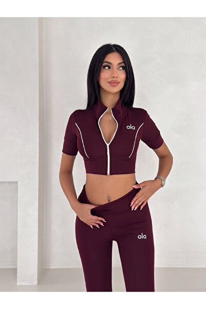 OLA Kadın Fermuarlı Kısa Kollu Crop Top ve Yüksek Bel Tayt Spor Takımı