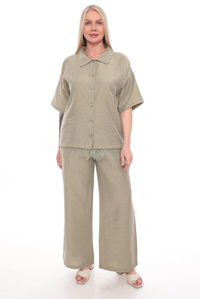 zitex Lace Detailed Buttoned Linen Blend Stylish Plus Size Top and Bottom Set