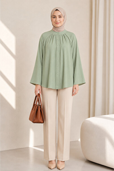 Kirazgym Buttoned Spanish Sleeve Round Neck Tunic-Çağla