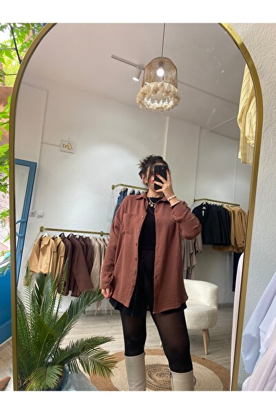 Butik Kadın Kahverengi Müslin Gömlek Oversize Çift Katlı Müslin Kumaş Tek Cepli Salaş Gömlek