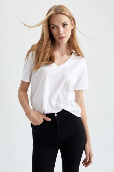 DeFacto Women's Clothing Regular Fit V-Neck Short Sleeve T-Shirt W9578Az Ligh...