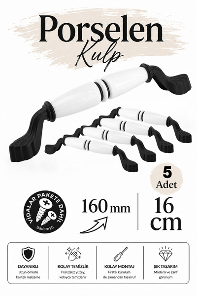 Badem10 (5 Adet) Cante Porselen Beyaz Siyah Kulp 160 mm 16 cm Mobilya Çekmece...