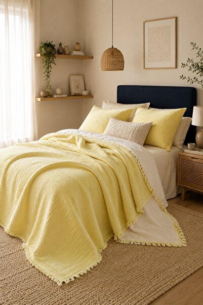 HB&Victory 100% Cotton 4 Layer Muslin Bedspread Lemon Yellow Color Single Siz...