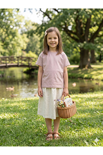 İncili Tekstil Girl's Powder Basic Crew Neck Cotton Loose Cut T-Shirt