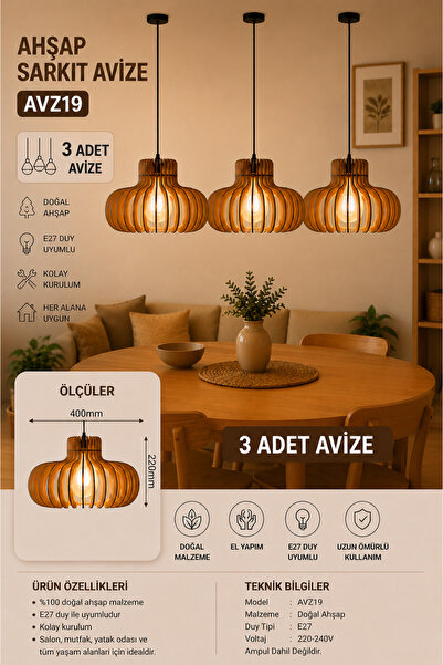 avizon Doğal Ahşap Sarkıt Avize 3 lü Set AVZ19 E27 Uyumlu Modern Dekoratif Avize