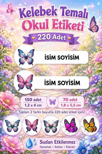 cabuk baskı Kelebek Temalı Okul Etiketi 220 Adet Özel İsim Yazılabilen Suya D...